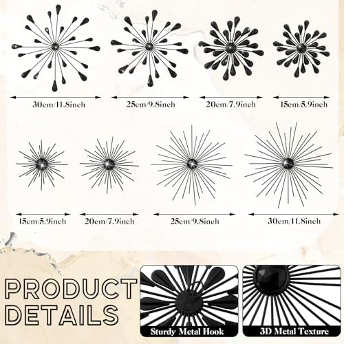 Blulu 8 Pcs Metal Starburst Wall Art, 3D Crystal Teardrop Rhinestone Wall Sculptures, Modern Mid Century Hanging Accents Decor for Living Room Bedroom Entryway Office Home Decoration - Image 3