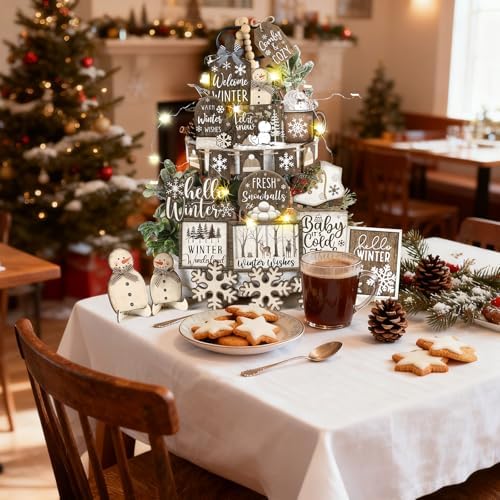 Shellwei 23 Pcs Winter Tiered Tray Decor, Hello Winter Snowman Signs - Image 4