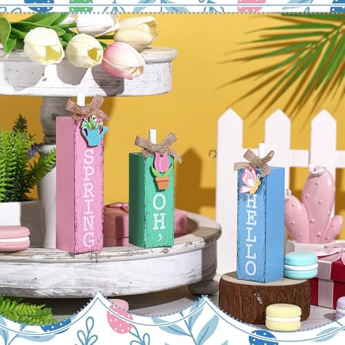 MiniInflat Spring 3 Pcs Table Decor, Wooden Block Sign Tiered Tray - Image 3