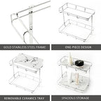 Bathroom Organizer Countertop Perfume Organizer Makeup Organizer Cosmetics Storage Display Rack Vanity Tray Dresser Stainless Steel Gold Shelf White Marble Ceramic Tray (2 Tier L-Sliver) - Image 5