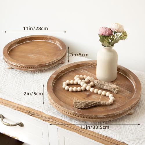 2 Piece Torched Wooden Serving Tray Set with Beaded Design, Farmhouse Centerpiece Table Decorations, Round Coffee Table Tray for Living Room Home Decor, Ottoman Tray Decor for Rustic Styles - Image 3