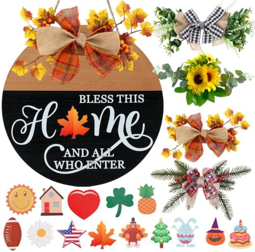 Interchangeable Welcome Sign for Front Door with 4 Seasonal Wreath and 14 Changeable Icons, Bless This Home for Spring Summer Fall Winter All Seasons Holiday, Rustic Round Wood Wreath Door Decoration by HOME
