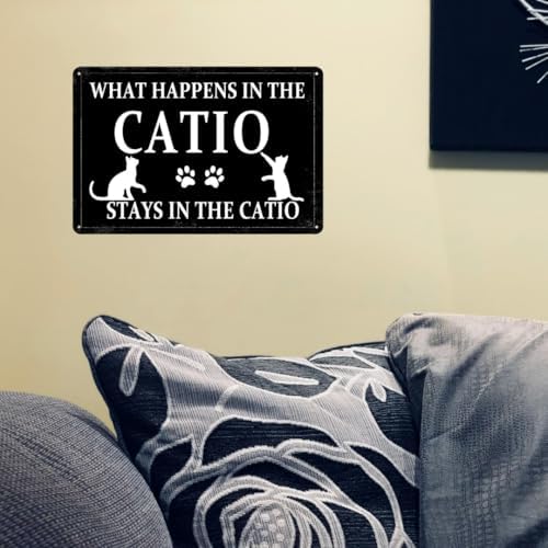 Catio Accessories Outdoor What Happens In The Catio Stays In The Catio Metal Tin Sign Caution Cat Vomit Sign Funny Cat Lover Sign Posters Gift 8x12 Inch - Image 2