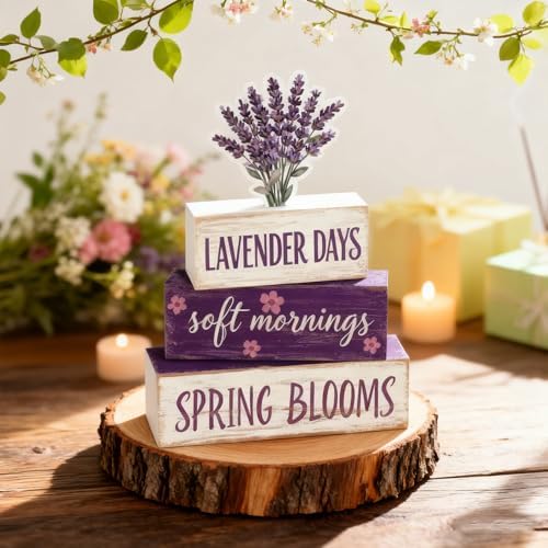 Spring Decoration Wooden Tiered Tray Decor – Rustic Lavender Days Stacked Block Sign with Lavender Flower Topper – Farmhouse Tabletop Spring Decor for Living Room Shelf Kitchen Coffee Bar Seasonal Home Display - Image 5