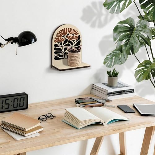 Boho Abstract Floral Wall Shelf, Abstract Minimalist Flower Wooden Hanging Floating Shelves, Neutral Modern Floral Hanging Shelf Wall Decor for Living Room Bedroom Bathroom - Image 5