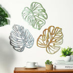 Palm Leaves Wood Wall Decor , 3Pcs Tropical Wall Art Jungle Decor, Wooden Natural Leaves Plant Wall Decor, Vintage Tropical Plant Plaque for Home Living Room Kitchen Bedroom Bathroom & Garden, Yellow&Blue&Green - Image 2