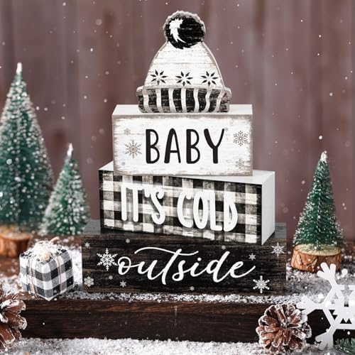 Marsui 4 Pcs Winter Wooden Hat Block Sign Farmhouse Table Decor Rustic - Image 2
