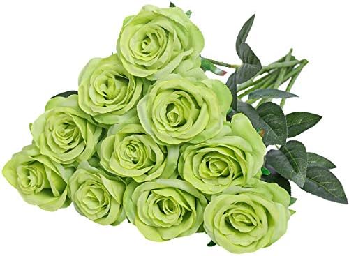 10pcs Light Green Roses Artificial Flowers, Realistic Faux Rose with Stem by Nubry