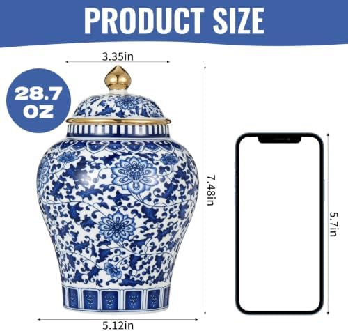 Small Blue and White Ginger Jar with Gilt Edges, Ceramic Ginger Jar with Lid, Exquisite Floral Patterns Chinoiserie Tea Storage Jar for Living Room, Kitchen & Coffee Corner - Image 4