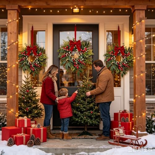 10 Pcs Mini Christmas Wreaths for Cabinets 9" Christmas Kitchen Cabinet with Burgundy Red Berry Eucalyptus Leaves Bow for Indoor Outdoor Farmhouse Home Wall Window Festival Wedding Decor - Image 2