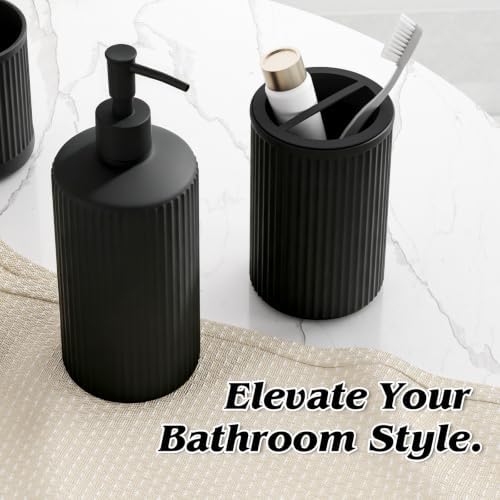 Black Glass Bathroom Accessories Set 5 Piece, Vintage Ribbed Soap Dispenser, Toothbrush Holder, Tumbler, Qtip Jars, Cute Aesthetic Vanity Organizer for Home, Restroom Countertop Decor - Image 4
