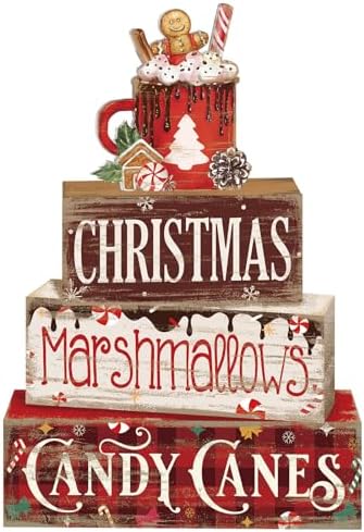 Moucuny 4 Pcs Christmas Hot Cocoa Wooden Block Set, Tiered Tray Decor by Moucuny