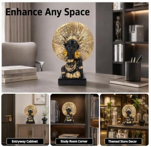 Lescafita African Woman Statue with Gold Sunburst Headdress – Resin Figurine with Tribal Jewelry, Afrocentric Home Decor Accent, Cultural Sculpture Gift for Women - Image 6