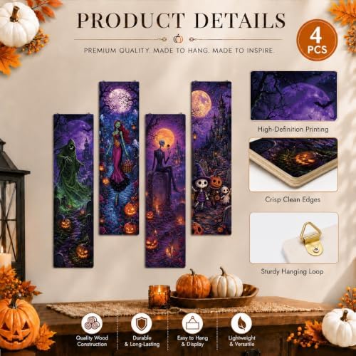 Retro Halloween Decor,4 Pcs Halloween Hanging Signs,Rustic Wood Wall Decor - Image 3