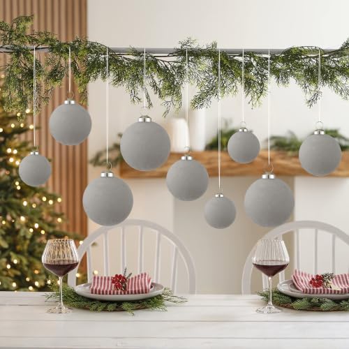 46Pcs Velvet Christmas Ball Ornaments Set - Flocked Shatterproof Christmas Tree Decorations Classic Hanging Ornaments with Rope for Xmas Wreath Holiday Home Decor (Multi-Size, Grey) - Image 7