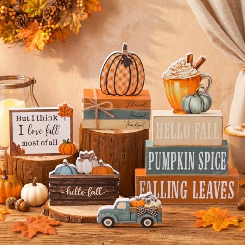 11 Pcs Fall Coffee Table Decor for Home, Wooden Pumpkin Spice Signs - Image 2