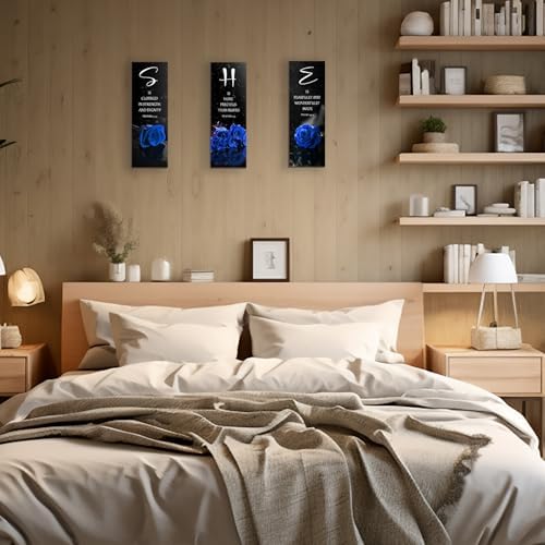 DONFENTHY 3 Pcs Blue Bedroom Decor Blue Rose Wooden Wall Decor Navy Bathroom Inspirational Farmhouse Office Signs With SHE Bible Words Decor For Women Bedroom Home(12x4Inch) - Image 3