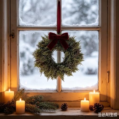 4 Pcs Small Christmas Hanging Wreaths with Artificial Cedar Pine Greenery Burgundy Dark Red Velvet Ribbon Mini Front Door Wreath for Porch Window Cabinet Wall Farmhouse Christmas Winter Holiday Decor - Image 7