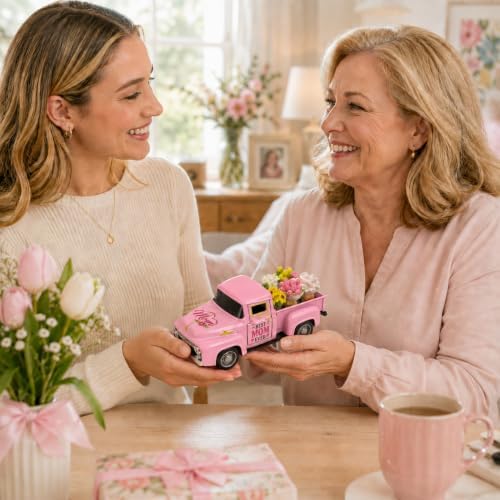 Pink Vintage Truck Decor for Mom with Flower Bouquets, Best Mom Ever Metal Pickup Tabletop Decoration, for Mom, Birthday Gift for Mother, Farmhouse Spring Home Decor - Image 4