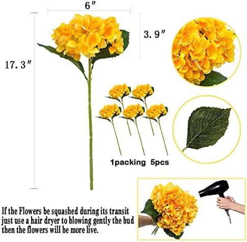 6Pcs 18" Yellow Silk Hydrangea Artificial Flowers - Image 2