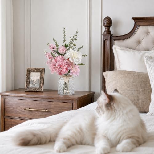 Artificial Pink Hydrangea Dahlias Mixed Bouquet in Vase for Farmhouse Decor - Image 7