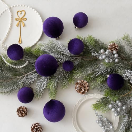 Velvet Christmas Ball Ornaments - 30pcs Flocked Christmas Ornaments Set Shatterproof Classic Hanging Xmas Tree Decorations with Rope for Wreath Holiday Home Decor (Purple) - Image 3