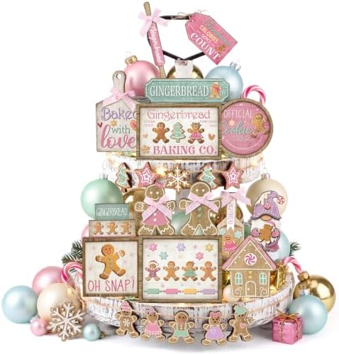 Shellwei 24pcs Pink Christmas Tiered Tray Decor Set Rustic Gingerbread Sign by Shellwei