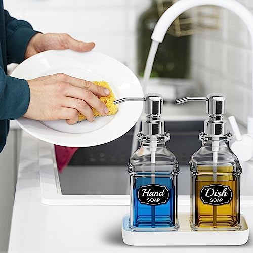 LMQML Soap Dispenser - 2 Pack, Antique Design Thick Glass Hand Soap Dispensers with Sturdy Tray; 304 Rust Proof Stainless Steel Silver Pump, 12Pcs Stickers, for Kitchen, Bathroom - Image 6