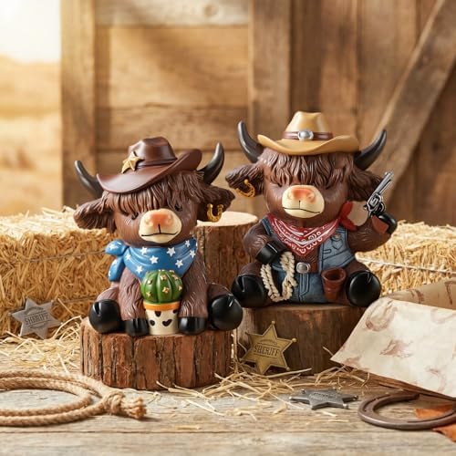 Wesiti 2 Pcs Highland Cow Figurines, Cowboy Western Resin Statue Set - Image 2