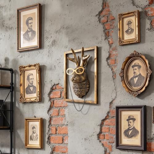 Newinhome Animal Heads Wall Decor (Includes Metal Frame) Resin Animals Sculptures Head Wall Hanging Decoration Gold vintage Wall Sculpture for Living Room Bedroom Office(Jackalope) - Image 6