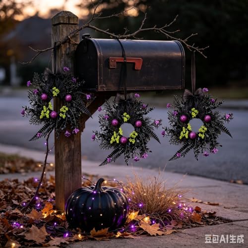 4 Pcs Small Halloween Hanging Wreaths with Black Fern Foliage Purple Glitter Balls Lime Green Berry Clusters Purple Flowers Black Sheer Bow Gothic Mini Cabinet Wreath for Home Kitchen Halloween Party - Image 7