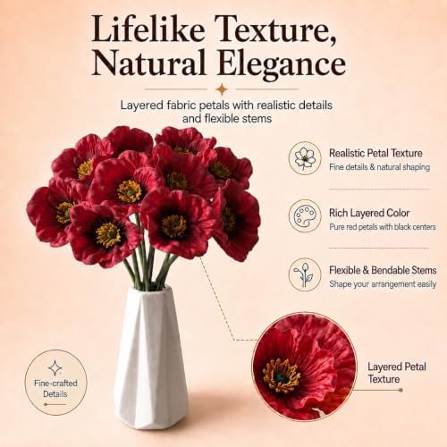 Mandy's 10 Stems Red PU Poppy Artificial Flowers - Image 2