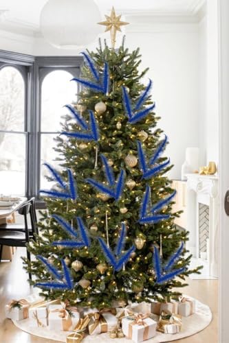 Oairse 8 Pcs Christmas Tree Picks and Sprays Navy Blue Glitter Christmas Picks 28" Christmas Glitter Feathers Leaves Stems for Christmas Tree Filler Branches Wreaths Centerpieces Holiday Decorations - Image 2