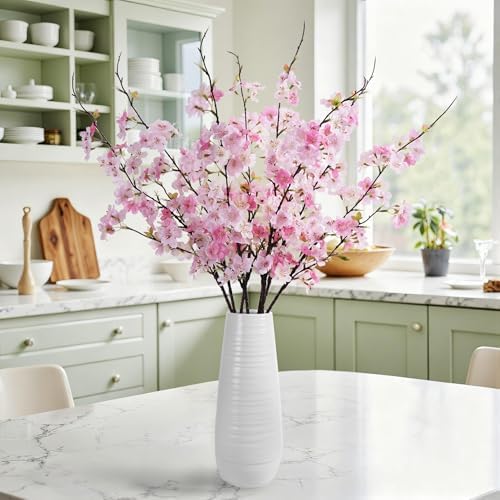 Artificial Cherry Blossom Branches 27.6In Silk Cherry Blossom Branches Long Stem Artificial Flowers for Tall Vase, for Home Decor, Weddings Decor, Parties & Festival Gifts 8PCS ，Pinkish White - Image 3