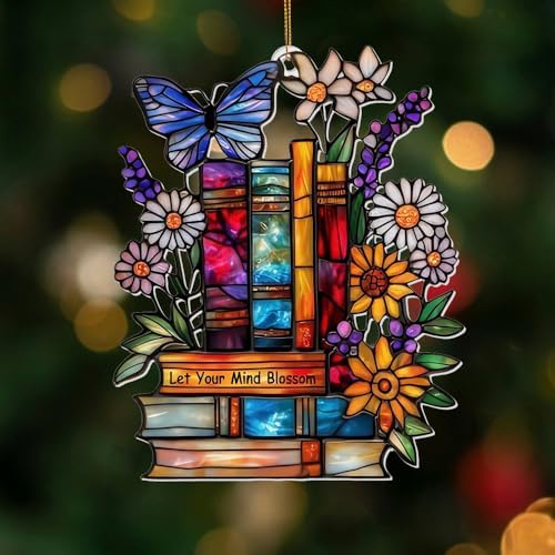 Book Ornament – ​​Stained Glass Style Acrylic Christmas Ornament with,Teacher Back To School Gift, Bookish Gifts For Librarian, BookLovers,Reader, Women, Suncatcher Effect Decor For Christmas Tre,S-18 - Image 2