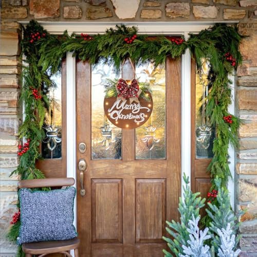 HOMCDALY Merry Christmas Sign for Front Door, Wooden Hanging Sign Door Decoration with 12 LED Light, Winter Welcome Wreath indoor outdoor Décor, Christmas Decoration. - Image 6