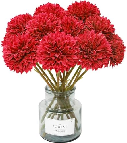 Tinsow 12PCS Artificial Ball Chrysanthemum Red Faux Flowers Bouquet by Tinsow
