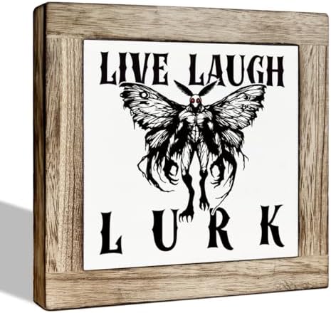 Halloween Wooden Sign, Mothman Square Wood Block Sign Table Decor, Horror Style Office Desk Signs, Rustic Wooden Table Top Decor, Freestanding Home Decoration 5.9x5.9 Inches by ZPPRJF