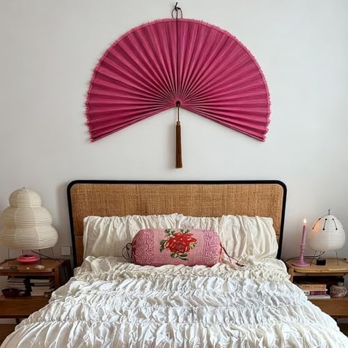 Bamboo Fan Wall Decor, Japanese Wall Fan Decoration, Pink 31 in - Image 4