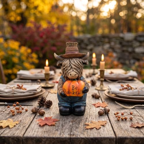 Thanksgiving Highland Cow Statue Pumpkin Decorations Fall Table Home Decor - Image 4