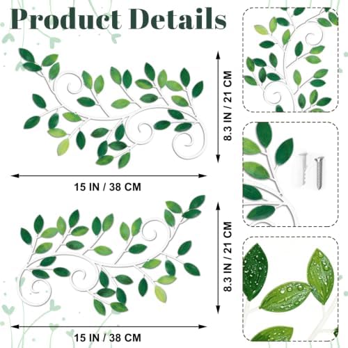 ESTART 2 Pcs Metal Tree Leaf Wall Art Vine Branch Decor, Green - Image 2