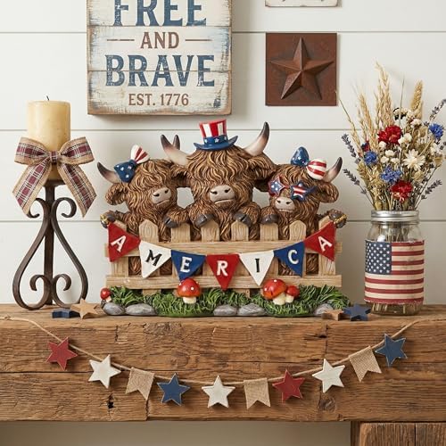 5.71inch Highland Cow 4th of July Decor, Peeking Over Fence with Red Blue White America Banner, Rustic Resin Figurine for Farmhouse Table Decoration, US 250th Independence Patriotic Memorial Day Gift - Image 2