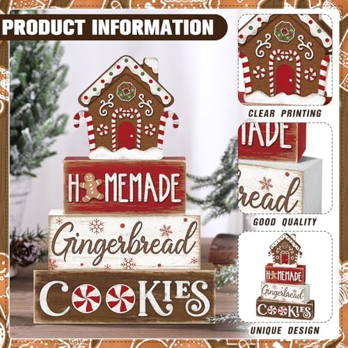 Marsui 4 Pcs Christmas Gingerbread House Decorations Wooden Table Signs - Image 3