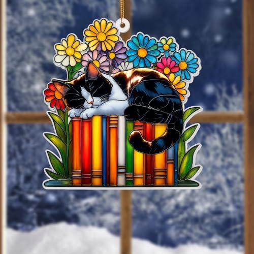 Cat Book Ornament – Stained Glass Style Acrylic Christmas Ornament, Book Lover Gifts for Women, Teacher & Librarian Holiday Decorations, Bookworm Fantasy Ornament for Reading Nook or Tree(Sun-16) - Image 7