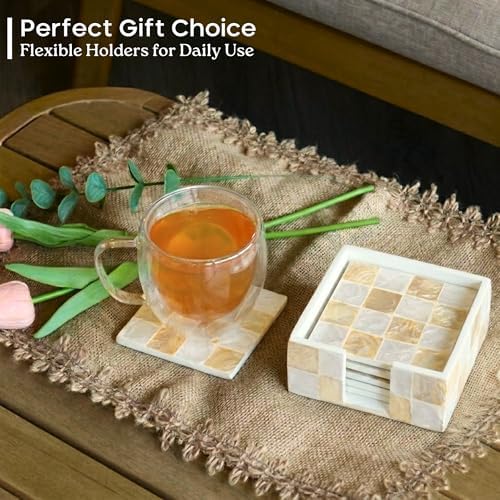 CHI AN HOME 4" Capiz Shell Mosaic Square Coasters Set 6 with Holder, Ivory - Image 6