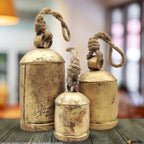 Handicrafts Vintage Rustic Metal Harmony Cow Bells Set of 3 Huge Rustic Christmas Handmade Bells On Jute Rope - Image 5