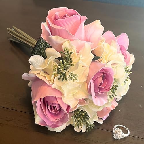 Admired By Nature Artificial Rose Hydrangea Flowers Bouquet, 9 Stems Faux Wedding Bouquet for Bride Bridesmaid, Centerpieces Floral Arrangement Home Decoration GPB8359-LAV/CM, Lavender/Cream - Image 6