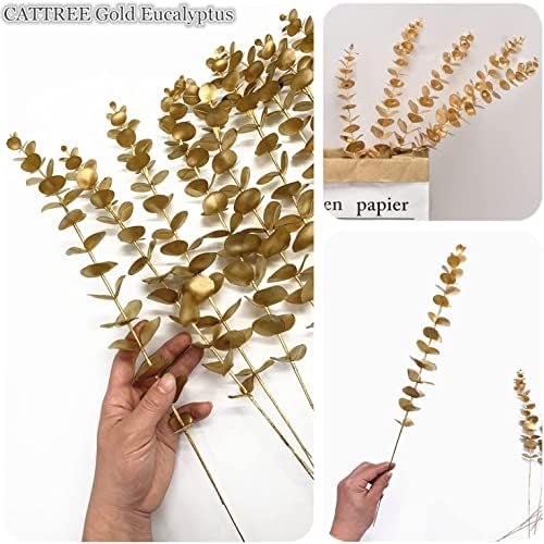 CATTREE Artificial Gold Eucalyptus, Faux Plastic Golden Plants 19" Tall 10 Pcs, Wreath Decorations Fake Shrubs for Wedding Hotel Hall Party Indoor Home Table Centerpieces DIY Decor Planting Filler - Image 3