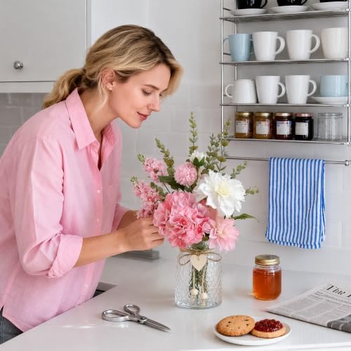 Artificial Pink Hydrangea Dahlias Mixed Bouquet in Vase for Farmhouse Decor - Image 2