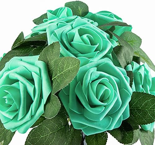 Artificial Flower Foam Rose 25pcs Real Looking Fake Rose with Stems Leaves for Home Decoration Party Garden Centerpieces DIY Wedding Bouquets（Tiffany） - Image 4